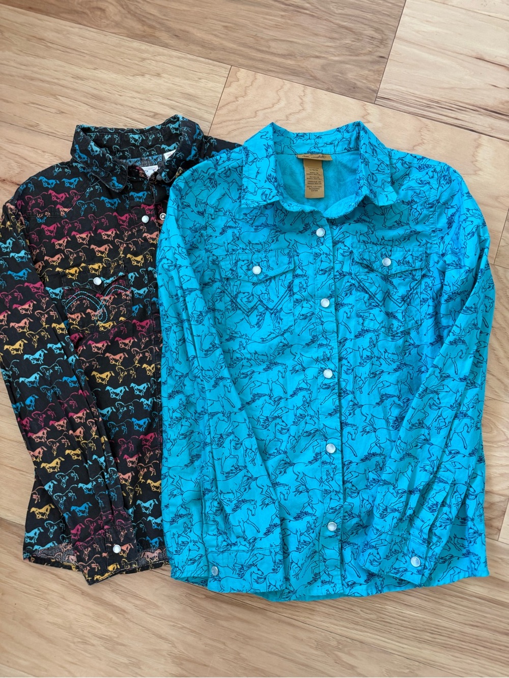 Wrangler Turquoise & Black Horse-Print Snap Shirts - Girls